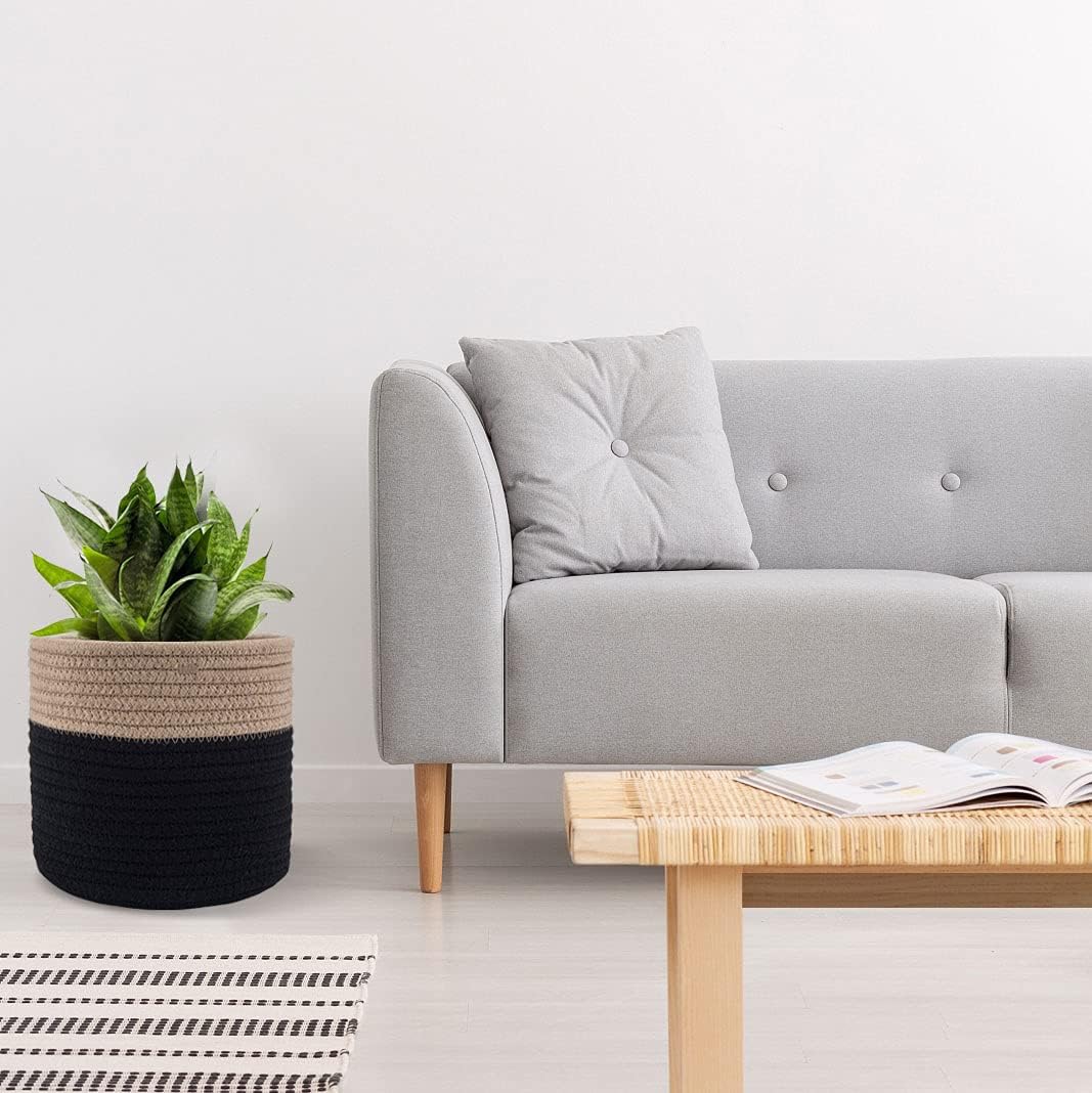 Woven Cotton Rope Plant Basket for 6" Flower Pot Floor Indoor Planters Flower Pot,Home Decor Storage Organizer H6 3/4" x W6 1/2" Black&Brown