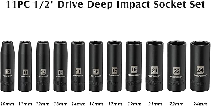 MIXPOWER 11-Piece 1/2-Inch Drive Deep Impact Socket Set, CR-V, Metric, 6 Point, Deep, 10-24mm
