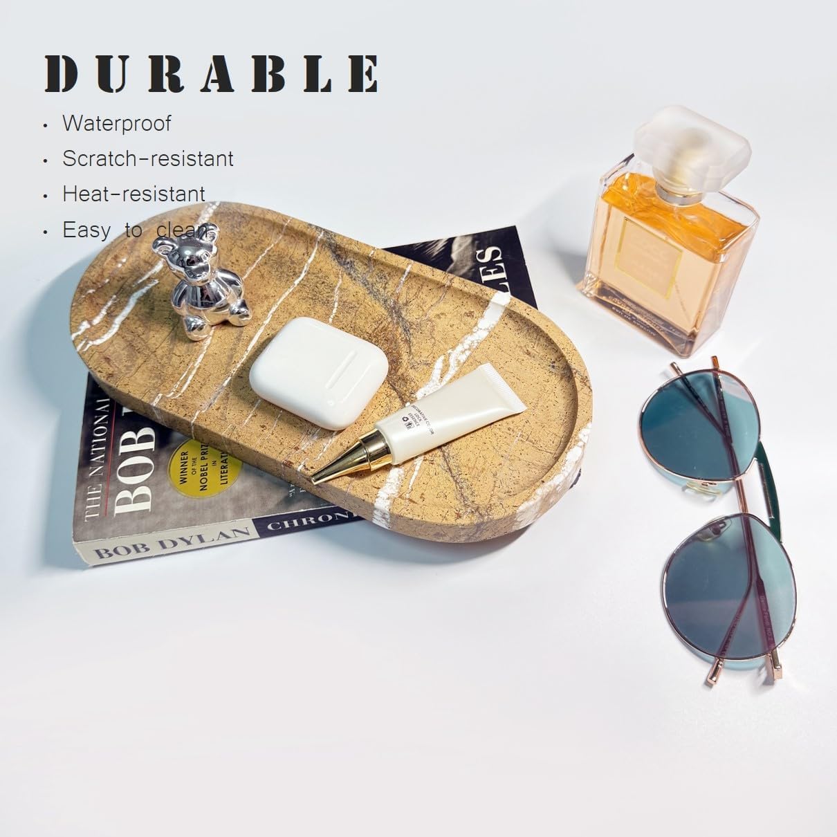 JINGJU Brown Rainforest Marble Oval Tray 10x5inches, Natural Stone Decorative Tray for Jewelry, Candle, Bathroom Counter, Coffee Table