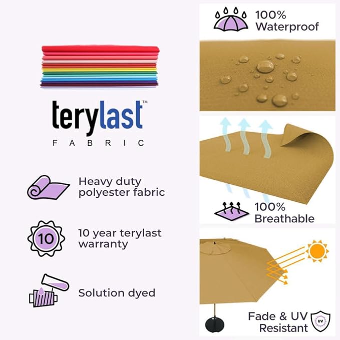 Midtown Umbrellas Push and Pop 9 Feet Outdoor Umbrella, Sand (Tan) Polyester Fabric - Fiberglass Ribs Deck Patio Umbrella, Backyard Umbrella, Garden Umbrella & Pool Umbrella - Black Pole