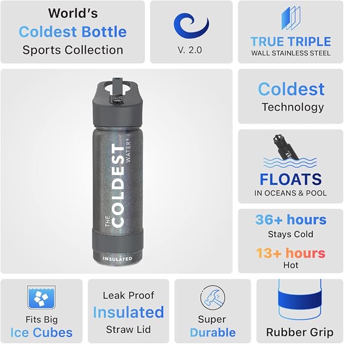 Coldest Sports Water Bottle - Straw Lid Bottle with Handle Leak Proof, Vacuum Insulated Stainless Steel, Double Walled, Thermo Mug, Metal | Stardust 18 oz