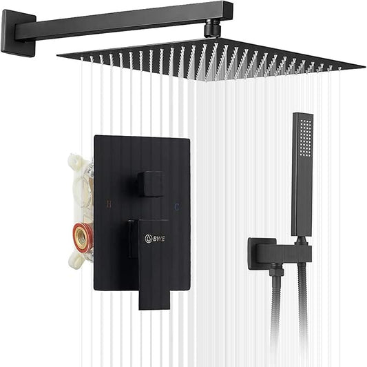 BWE Black Shower Faucet 16 Inch Square Luxury Rain Mixer Shower System Sets Complete 2-Functions Pressure Balancing Wall Mount Rainfall Rough-in Valve Body and Trim Included