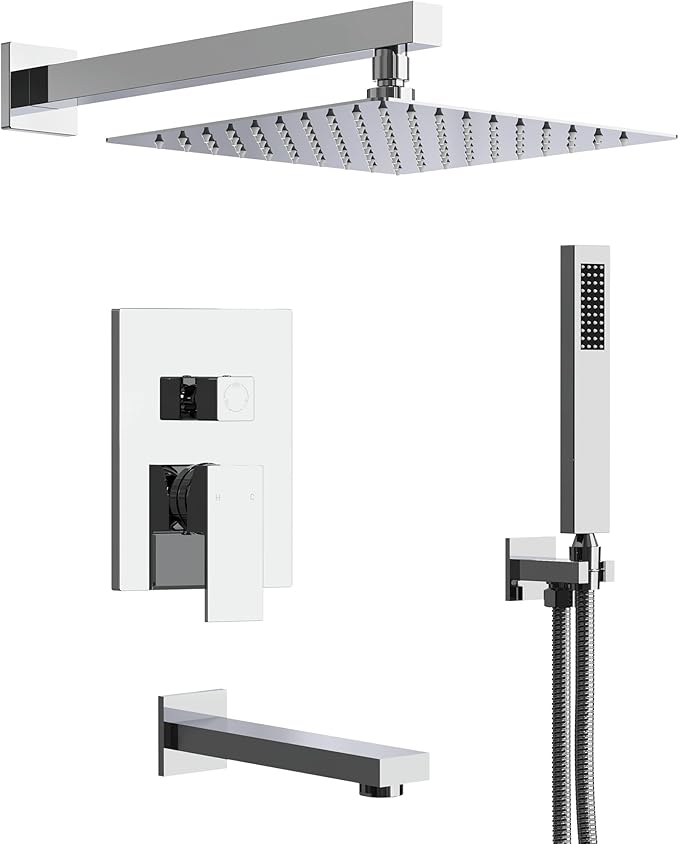 Shower Tub Faucet Set, 10" Bathroom Rainfall Shower Head Fixtures Combo with Handheld Spray and Tub Spout, Chrome