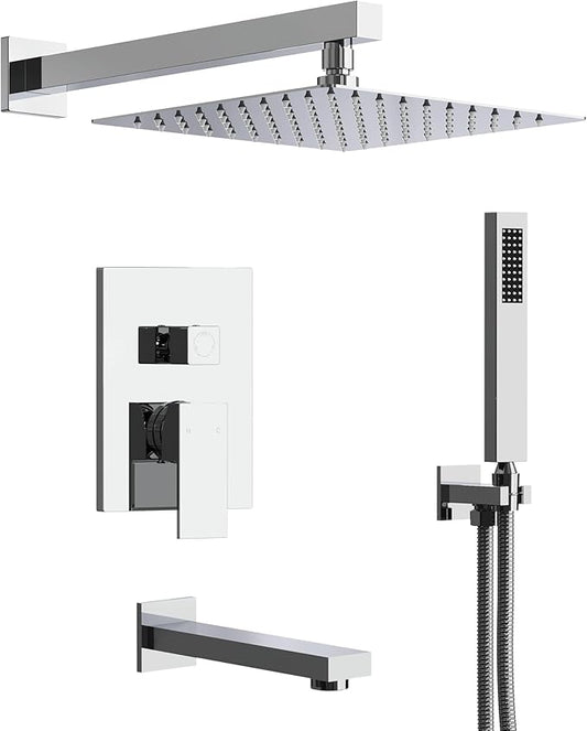 Shower Tub Faucet Set, 10" Bathroom Rainfall Shower Head Fixtures Combo with Handheld Spray and Tub Spout, Chrome