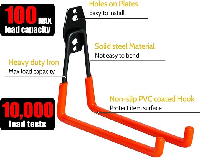 WMK 7.3'' Garage Hooks Heavy Duty Wall Hook, 6 Pack Garage Storage Hook, Wall Mount Utility Garage Hooks for Hanging Tools Bike Ladder (Orange)
