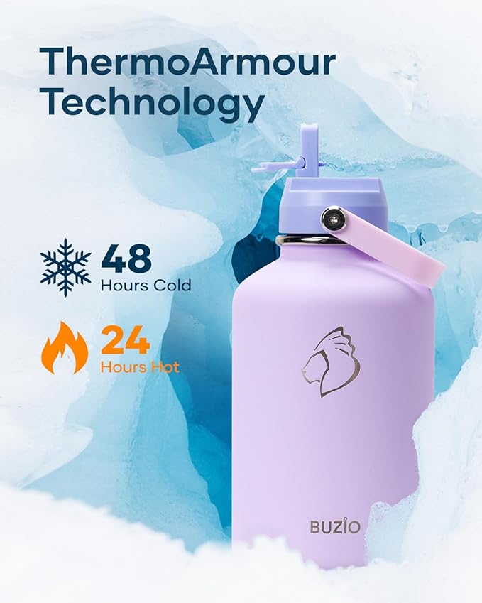 BUZIO 64oz Insulated Water Bottle, Half Gallon Water Jug Stainless Steel with Straw Lid and Carrying Pouch, Keep Cold 48h Lead-Free Double Wall Vacuum Thermo Metal Canteen for Gym Camping, Purple