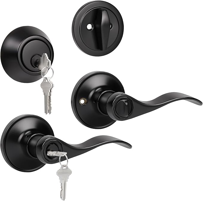 KNOBWELL Entry Lever Door Handle and Single Cylinder Deadbolt Set Keyed Alike, Exterior Door Knob Lock with Deadbolt for Office and Home Security, Mattle Black Front Door Lock Set, 1 Pack