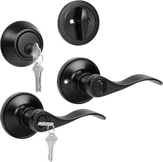 KNOBWELL Entry Lever Door Handle and Single Cylinder Deadbolt Set Keyed Alike, Exterior Door Knob Lock with Deadbolt for Office and Home Security, Mattle Black Front Door Lock Set, 1 Pack
