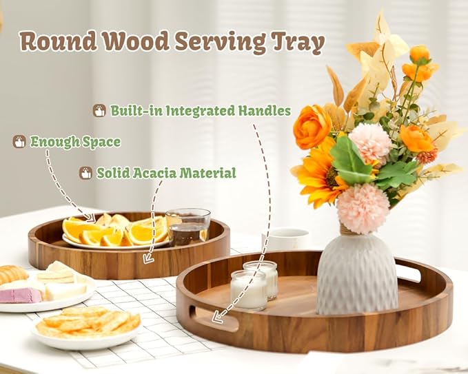 Round Wood Serving Trays Set of 2, Ottoman Tray Rustic Acacia Wooden Trays with Handles, Nesting Circle Tray with 4 Coasters for Coffee Table Living Room Bathroom Bedroom Party