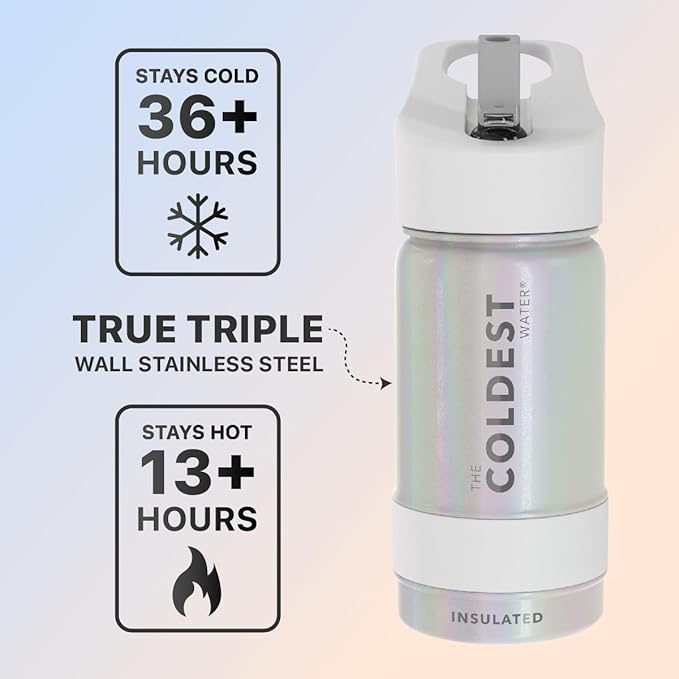 Coldest Sports Water Bottle - Straw Lid Bottle with Handle Leak Proof, Vacuum Insulated Stainless Steel, Double Walled, Thermo Mug, Metal | Cosmic Ice 14 oz