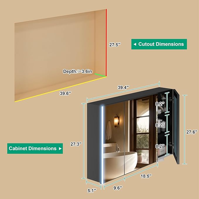40x28 Inch Medicine Cabinet with Light, AL Alloy Frame, Full-Assembled Bathroom Mirror Cabinet with Brightness Adjustable and Storage, Led Medicine Cabinet Mirrored with Recessed, Black