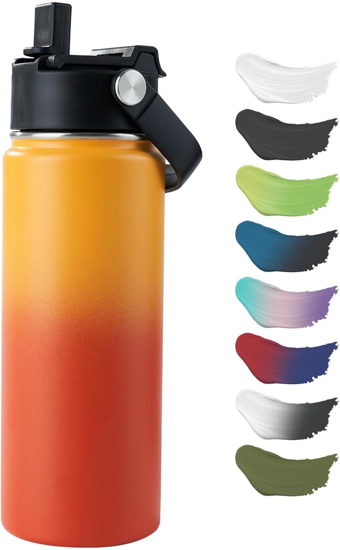 Kerilyn Stainless Steel Insulated Water Bottle, 18oz Double Wall Vacuum Insulated Water Bottle Leak Proof with Silicone Straw, Wide Mouth Lid, BPA Free, Keep Cold and Hot, 18oz, Orange Gradient