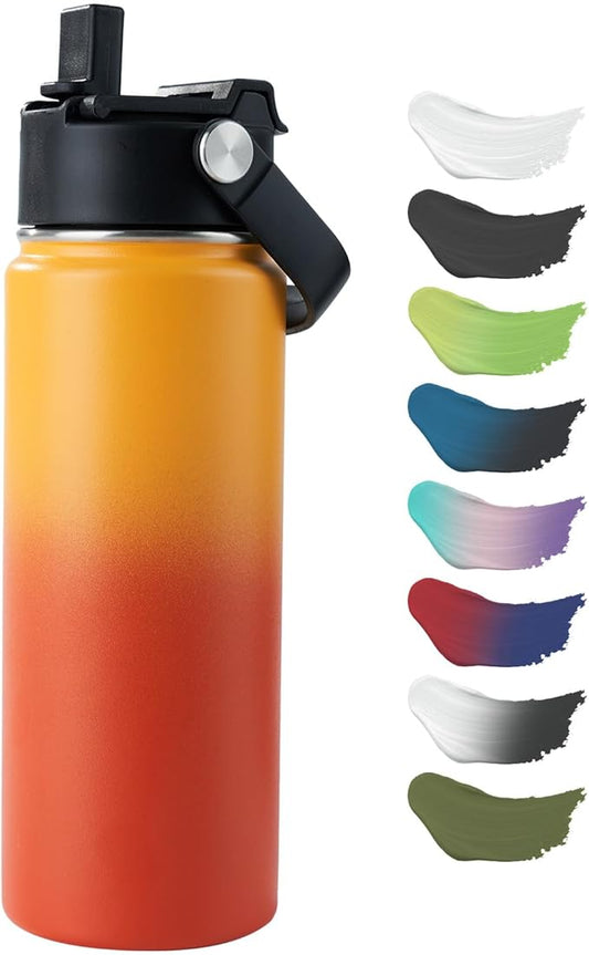 Kerilyn Stainless Steel Insulated Water Bottle, 18oz Double Wall Vacuum Insulated Water Bottle Leak Proof with Silicone Straw, Wide Mouth Lid, BPA Free, Keep Cold and Hot, 18oz, Orange Gradient
