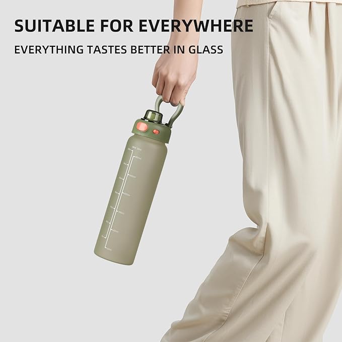 SIEROZUR 32 oz Glass Water Bottle with Straw and Handle Large Sports Motivational Water Bottle with Locking Lid and Time Marker Leakproof Water Jug for Daily Hydration Intake BPA Free
