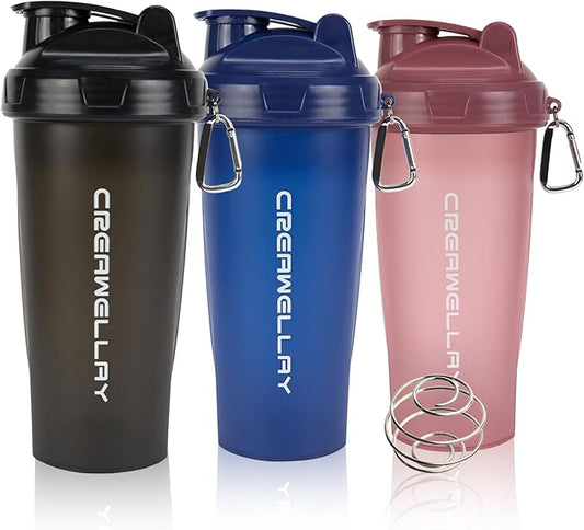 3 Pack Protein Shaker Bottle, 24 oz Protein Shaker Cup with Wire Shaker Ball for Pre Workout, Shake Bottle with Carrying Handle, BPA-Free & Dishwasher Safe (Black, Pink, Blue)