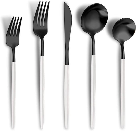 Matte Black White Silverware Set for 6,Modern Stainless Steel Brushed Cutlery Set,30-Pieces Heavy Duty Flatware Set,Knives Spoons and Forks Set Utensils Set, Satin Finish, Dishwasher Safe