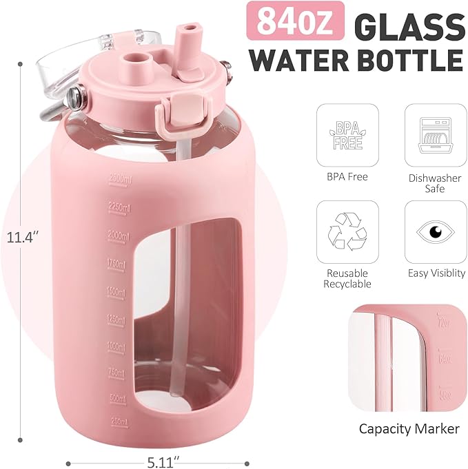 84oz Glass Water Bottle with Stainless Steel Handle,2.5L Gallon Water Bottle With 2-IN-1 Straw Lid, Silicone Sleeve and Motivational Capacity Marker, Wide Mouth Water Jug For Gym, Workout, Pink