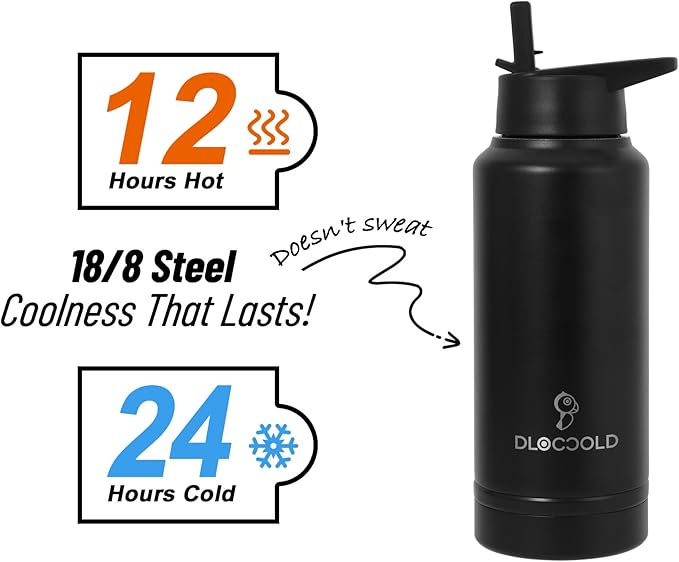 DLOCCOLD 32 oz sports water bottle Insulated Stainless Steel Water Bottle with straw & pills holder, Reusable Double Walled Water Bottle for Sports, Gym, Travel, Men, Women & Kids W/ 3 Leak Proof Lids