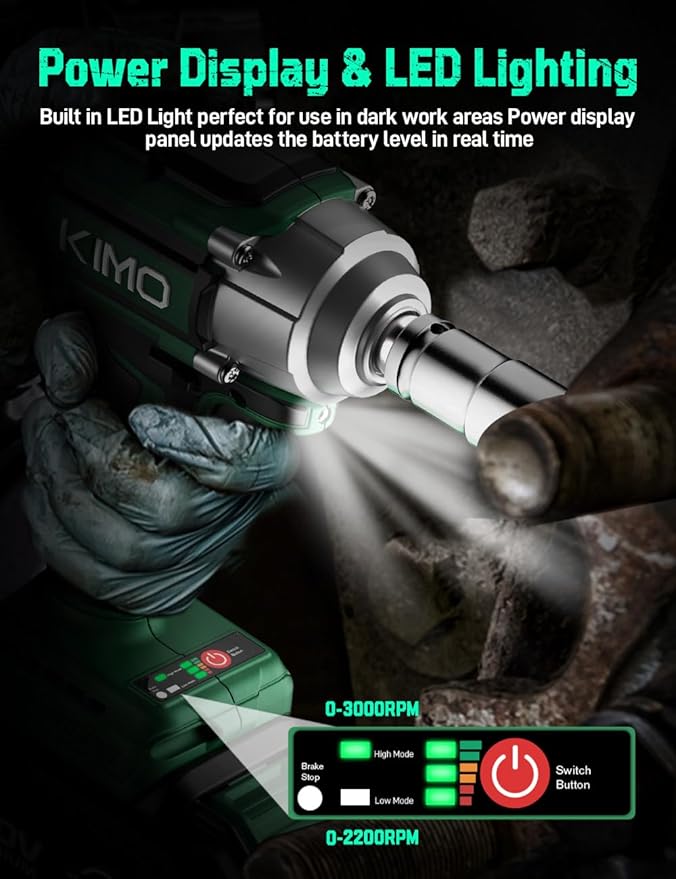 KIMO Cordless Impact Wrench, 550N.m/406ft-lbs, 7Sockets,3Inch Extension Bar, High Torque Brushless Wrench with 3/8" Chuck, 3000 RPM, 4000mAh Li-ion Battery, Charger, Power Impact Driver for Car