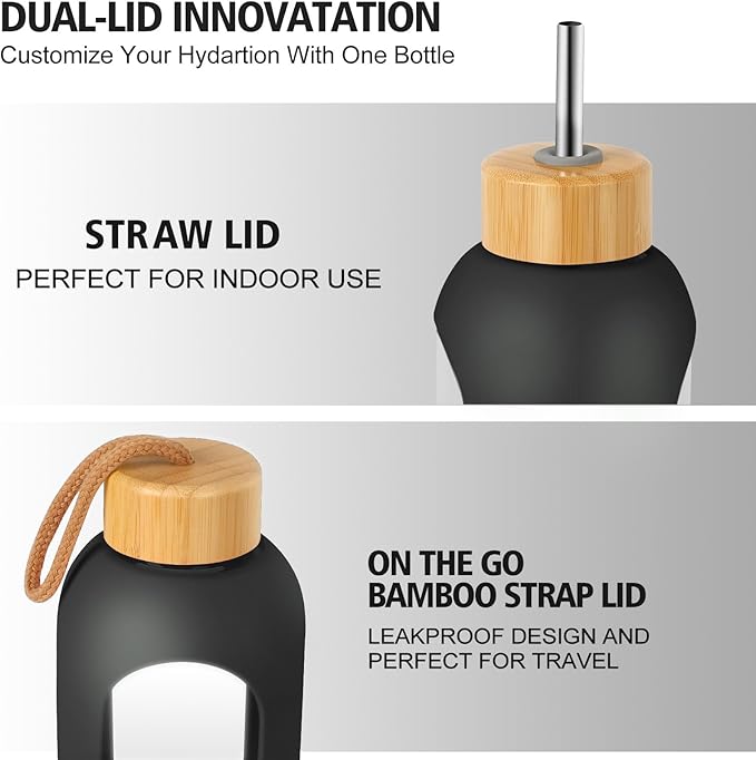 Glass Water Bottles 32 oz - 32 ounce Glass Drinking Bottle with 2 Bamboo Lids Time Marker and Silicone Sleeve, 1 Liter Wide Mouth Motivational Glass Water Bottle with Straw for Travel Daily Intake