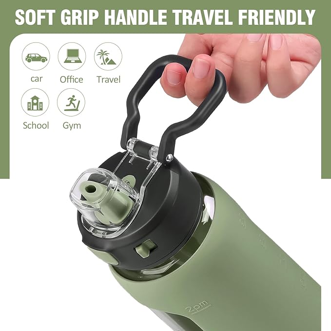 Kodrine Water Bottle with Soft Straw and Carry Loop, 32 oz Glass Water Bottle with Locking Lid, Clear Water Bottles Sports, Drinking Bottle for Travel Home Gym, Leakproof(Olive)