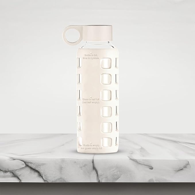 purifyou Premium Glass Water Bottles, 40/32 / 22/12 oz Reusable Drinking Bottle with Time & Volume Markings Silicone Sleeve & Stainless Steel Lid for Water, Coffee, & Fruit Juice (12oz Pearled Ivory)