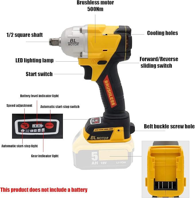 FSYAO 1/2 500Nm Cordless Impact Wrench, Brushless Wrench. (Body only, no battery included)