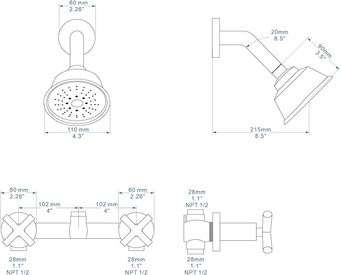 2 Handles Shower Faucet Set,Tub and Shower Trim Kit with Rough-in Valve,Wall Mounted 2 Knobs Single Function Shower Faucet,Brushed Gold,1A4MK