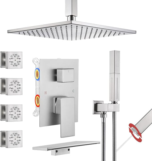 VANFOXLE Shower Faucet Set Brushed Nickel Shower System,Four Modes Shower Faucet with 2 in 1 Handheld,Ceiling Mount 10 Inch Shower Head with Waterfall Spout, 4 PCS Dual Modes Body Jets