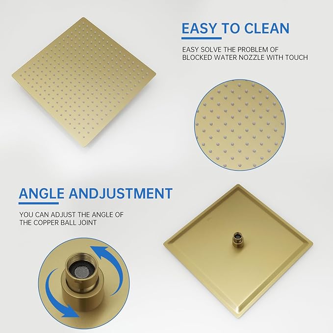 RUMOSE Brushed Gold Rainfall Shower System 12 Inch High Pressure Square Shower Head with 2 in 1 Handheld Spray Wall Mount Brass Bathroom Shower Faucet Set with cUPC Certified Rough-in Valve