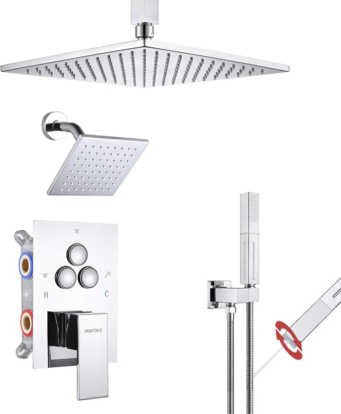 VANFOXLE Shower Faucet Set Chrome Shower System,Push Button Diverter Shower Faucet with 2 in 1 Handheld,Ceiling Mount Increased Thickness 10 Inch Shower Head with 6 Inch Wall Mount Shower Head