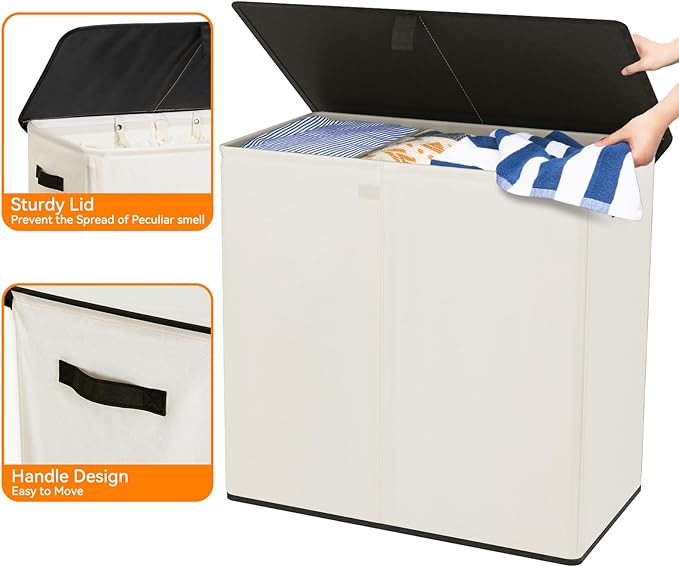 WOWLIVE Laundry Hamper with Lid,180L Large Laundry Basket 3 Section with Removable Washing Bags,Collapsible Waterproof Dirty Clothes Hamper for Laundry Room Bathroom Dorm,Beige