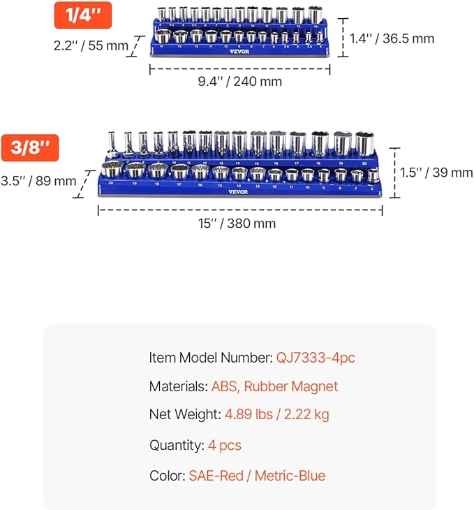 VEVOR Magnetic Socket Organizer Set, 4PCS Magnetic Socket Holder, 1/4'' & 3/8'' Metric SAE Socket Trays with Clear Labels, Hold up to 108PCS Standard & Deep Sockets, Blue & Red (Sockets Not Included)