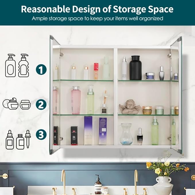 Movo Double Doors Medicine Cabinet with Mirror, 30 inch X 26 inch Aluminum Bathroom Medicine Cabinet, Adjustable Glass Shelves, Waterproof and Rust-Resist, Recess or Surface Mount