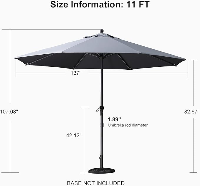 PURPLE LEAF 11' Round Patio Umbrella Outdoor Table Umbrella Aluminum Frame Market Umbrella Sun Umbrella with 8 Sturdy Ribs for Garden Deck Lawn & Pool Gray