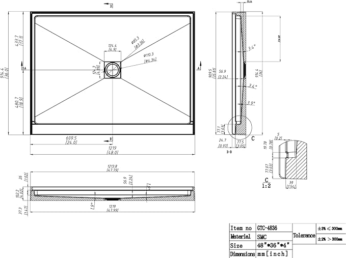 Shower Base 48"×36"×4", Single Threshold Shower Tray with Center Drain, Rectangle SMC Shower Pan, White Slip Resistant Textured Surface Shower Base for Bathroom
