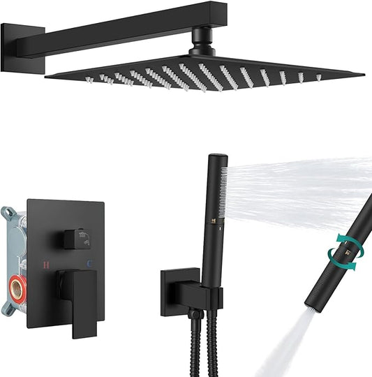 Aolemi Shower System with Rainfall Shower Head and Handheld Wall Mount,High Pressure Shower Faucet Set Fixture Combo with 2 in 1 Handheld Spray Rough-in Valve,16 Inch Shower Head Matte Black