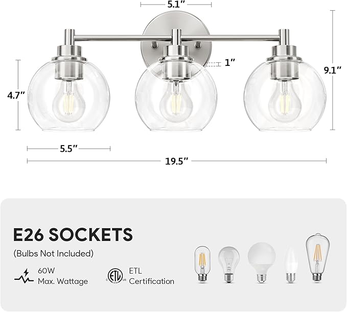 VONLUCE Bathroom Light Fixtures, 3-Light Vanity Light with Globe Glass Shades E26 Sockets, Bathroom Lights Over Mirror for Bedroom Hallway Living Room, Brushed Nickel Finish, ETL Certificated
