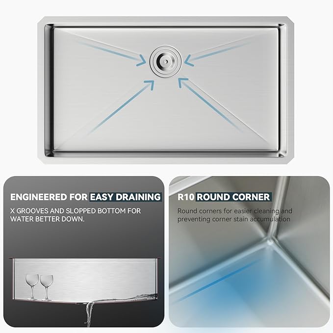 32 Undermount Kitchen Sink - Lordear 32x19 Inch Undermount Sinks Stainless Steel 16 Gauge Single Bowl Under Counter Basin Round Corner Handmade Sinks