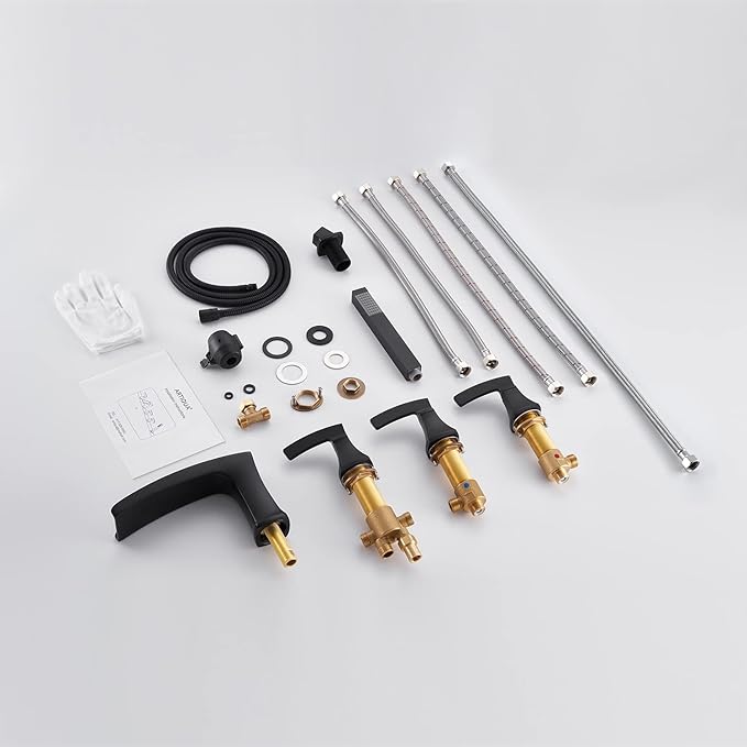 Roman Tub Faucet Waterfall Bathtub Faucet Black Deck Mount Tub Filler 5 Hole Brass Bathroom Faucets with Hand Shower