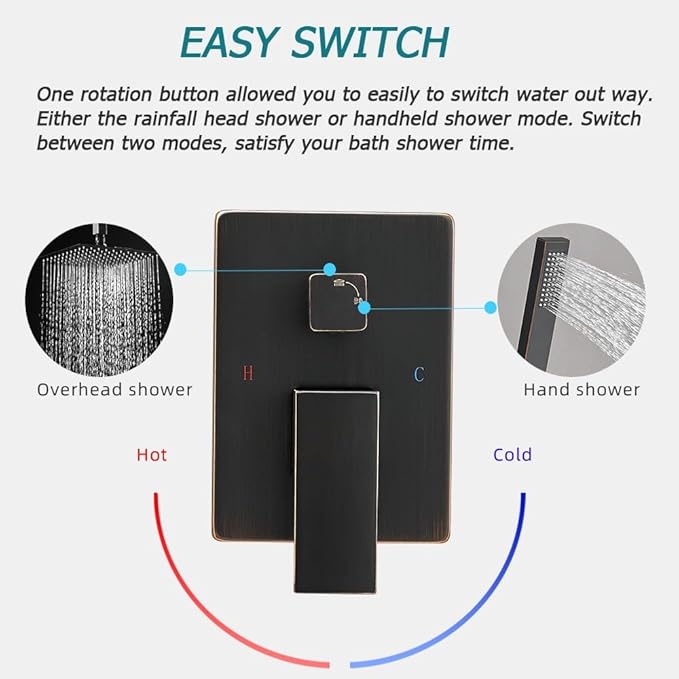 12 Inch Ceiling Mount Oil Rubbed Bronze Shower System Bathroom Luxury Rain Mixer Shower Combo Set Ceiling Rainfall Shower Head System (Contain Shower Faucet Rough-in Valve Body and Trim)