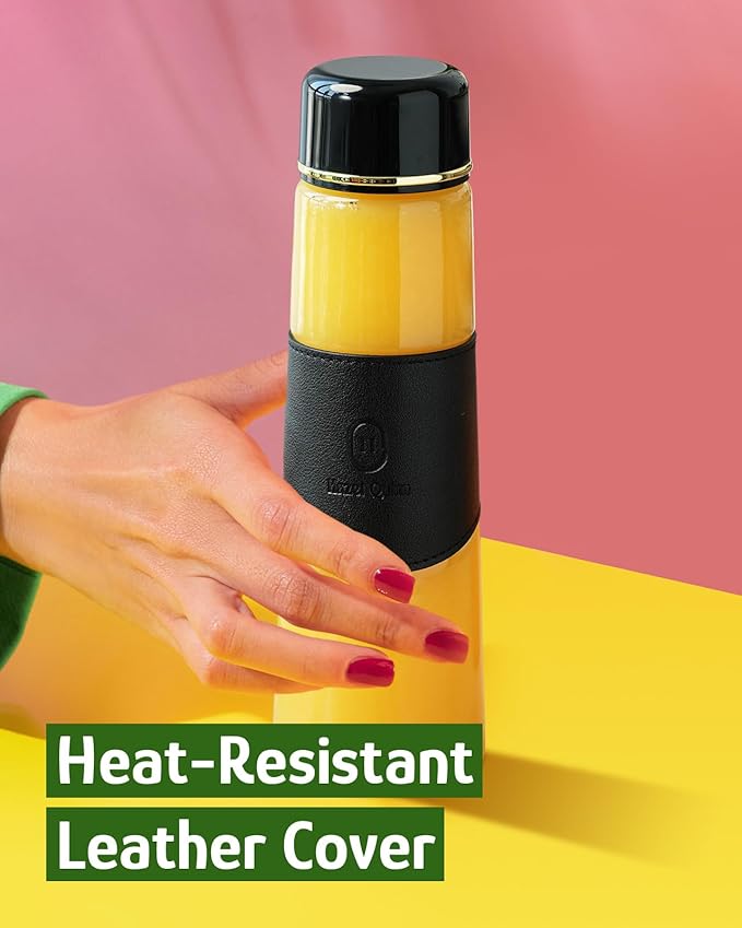 Hazel Quinn Glass Water Bottles - 450 mL / 15 oz Borosilicate Glass Juice Bottle with Leather Cup Sleeve, Reusable BPA Free