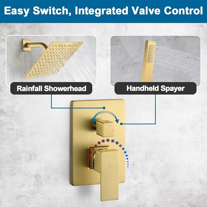 POP SANITARYWARE Brushed Gold Shower Faucet Set Complete Bathroom Rainfall Shower Fixture Wall Mounted 8 Inch Shower Head System and Handle Set with Rough-in Valve Body and Trim Kit