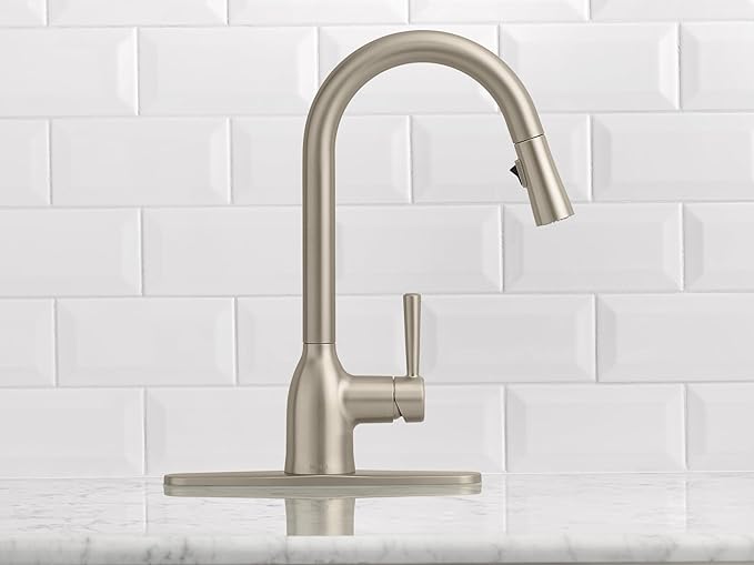 Moen Adler Spot Resist Stainless One-Handle High Arc Kitchen Sink Faucet with Power Clean Pull Down Sprayer, 87233SRS + Deck Mounted Kitchen Lotion or Soap Dispenser with Refillable Bottle, 3942SRS