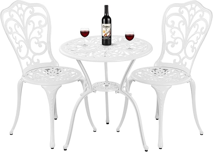 Bistro Set 3 Piece Outdoor Cast Aluminum Patio Bistro Set with Umbrella Hole, All Weather Bistro Table and Chairs Set, Small Patio Furniture Set for Garden, Porch,White