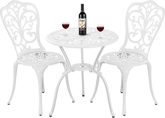 Bistro Set 3 Piece Outdoor Cast Aluminum Patio Bistro Set with Umbrella Hole, All Weather Bistro Table and Chairs Set, Small Patio Furniture Set for Garden, Porch,White