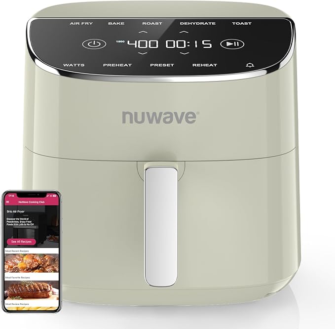 Nuwave Brio Plus Air Fryer 8 Qt, New & Improved, PFAS-FREE, 7 Digital One-Touch Cook Functions that AIR FRY, BAKE, ROAST, DEHYDRATE, TOAST, REHEAT, PREHEAT, 150 Presets, 50°F~400°F (Cream)