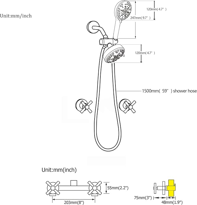 2 Handle Shower Faucet Set Shower System Complete 2 in 1 Shower Combo Set with Handheld Showerhead Shower Trim Kit Wall Mounted Shower Fixtures Chrome