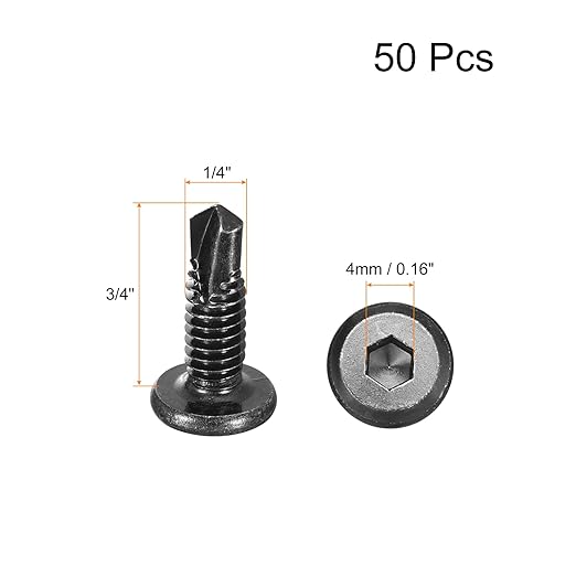 uxcell Hex Socket Self Tapping Screws, 1/4 x 3/4 410 Stainless Steel Sheet Metal Flat Head Drilling Screw 50pcs, Black