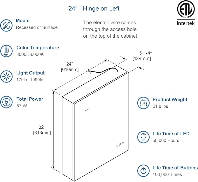 Blossom LED Lighted Mirror Medicine Cabinet, 24x32 Inch, Left Hinge | Recessed or Surface Bathroom LED Medicine Cabinet with Mirror, Defogger, 3 Color Dimmer | 3X Makeup Mirror, Outlets & USB Ports